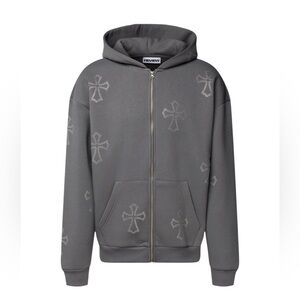 review oversized baggy gray full zip hoodie with rhinestone crucifix accents